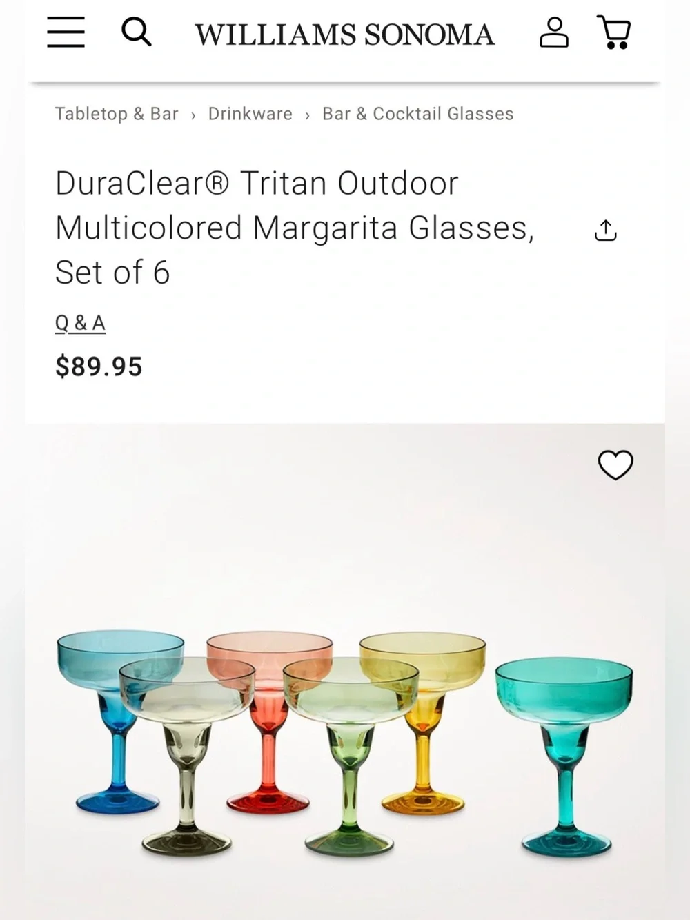 Williams Sonoma DuraClear Tritan Outdoor 6 Margarita Glasses Original Retail $89